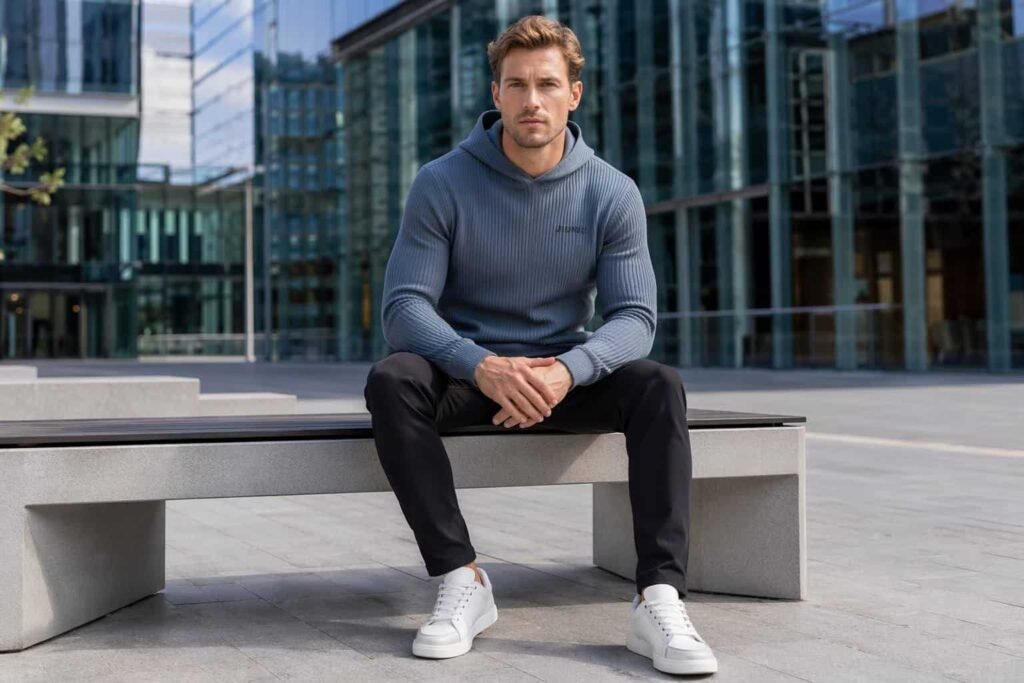 Dusty blue ribbed cotton lightweight 250GSM pullover hoodie — JIUMU refined modern basics hoodie, all-over fine rib texture, kangaroo pocket, bulk OEM