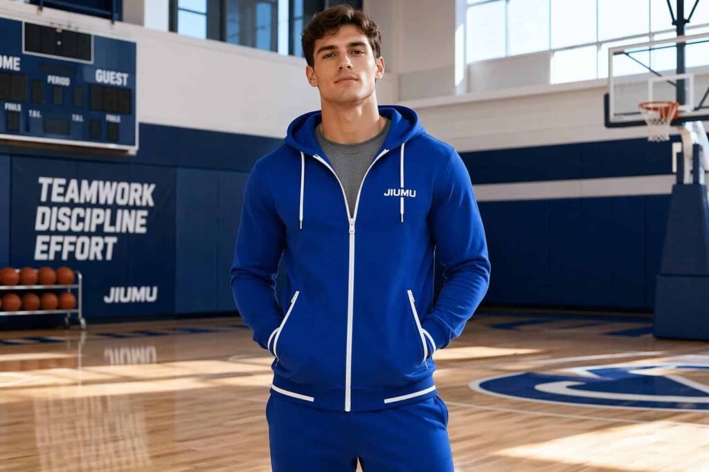 Royal blue custom zip-up hoodie with white contrast zipper and side pockets — JIUMU sports team warm-up jacket, varsity hoodie