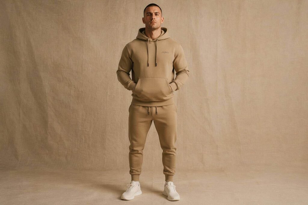 Sand beige neutral tone custom pullover hoodie with matte black aglets — minimalist JIUMU team hoodie, kangaroo pocket, drawstring hood, OEM bulk custom apparel for modern brands