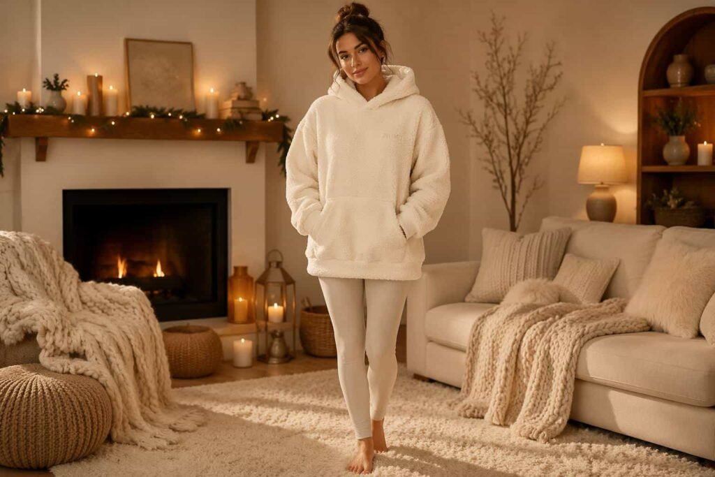 Cream ivory teddy borg fleece oversized pullover hoodie — JIUMU luxury loungewear plush hoodie, curly fleece texture, cocoon silhouette, bulk OEM