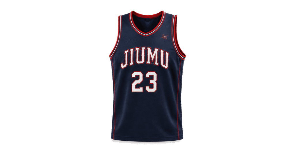 Custom navy basketball jersey with red and white trim, team name and player number for clubs, schools and private-label sportswear brands.