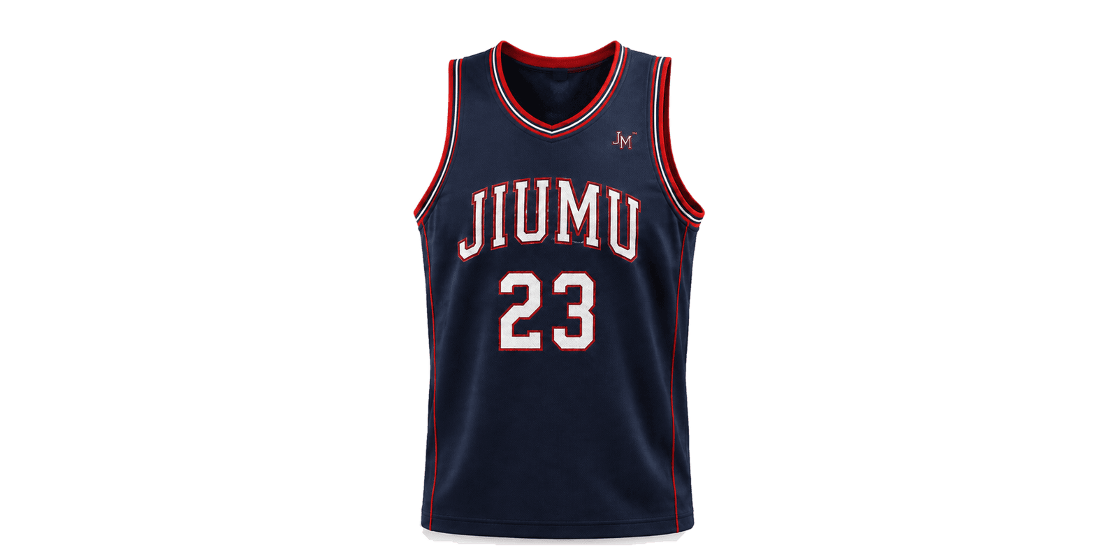 Custom navy basketball jersey with red and white trim, team name and player number for clubs, schools and private-label sportswear brands.