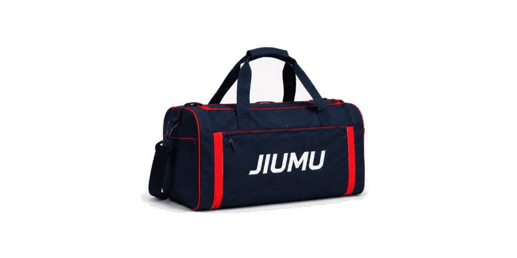 Custom navy and red team duffel bag with printed logo, reinforced handles, shoulder strap and multiple storage compartments for sports teams.