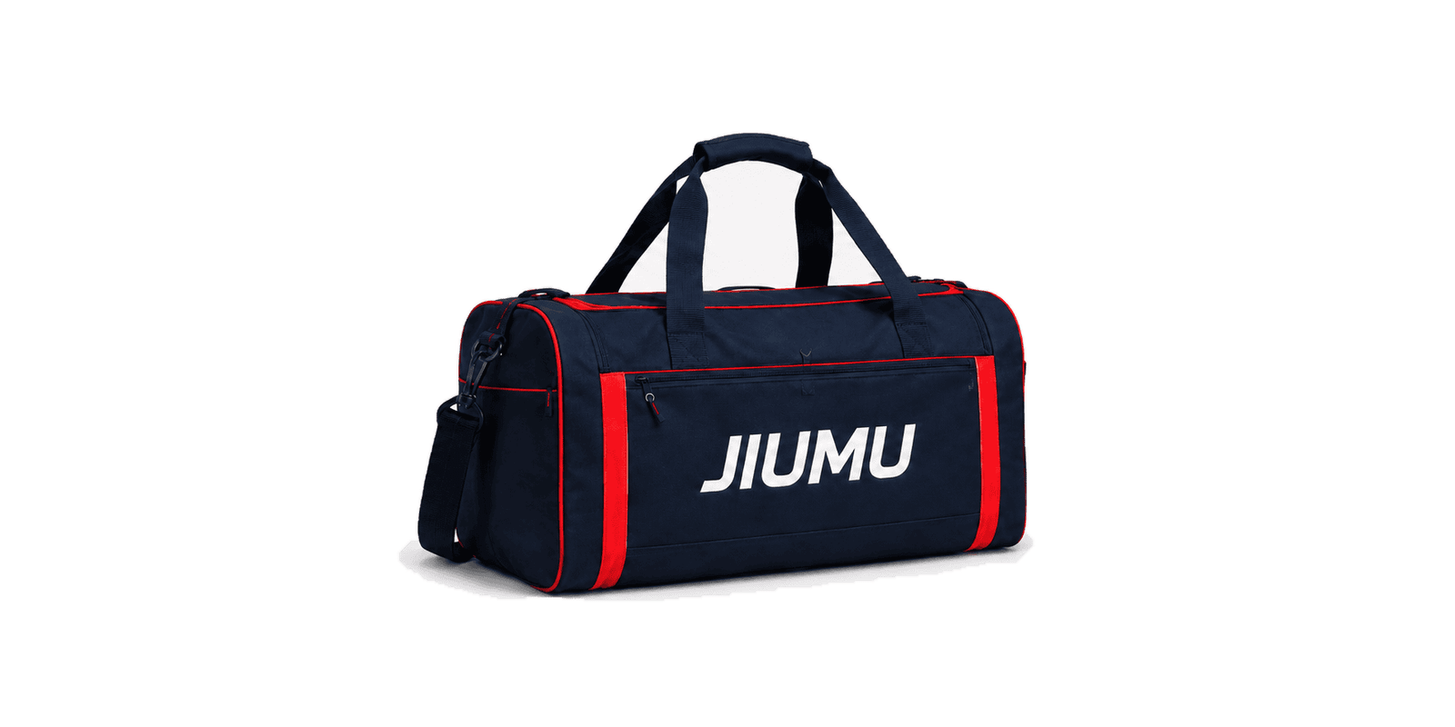 Custom navy and red team duffel bag with printed logo, reinforced handles, shoulder strap and multiple storage compartments for sports teams.