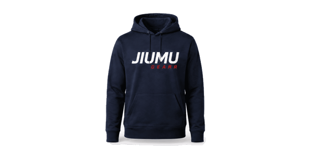 Custom navy pullover team hoodie with front logo, drawstring hood and kangaroo pocket for sports teams, schools and branded apparel programs.