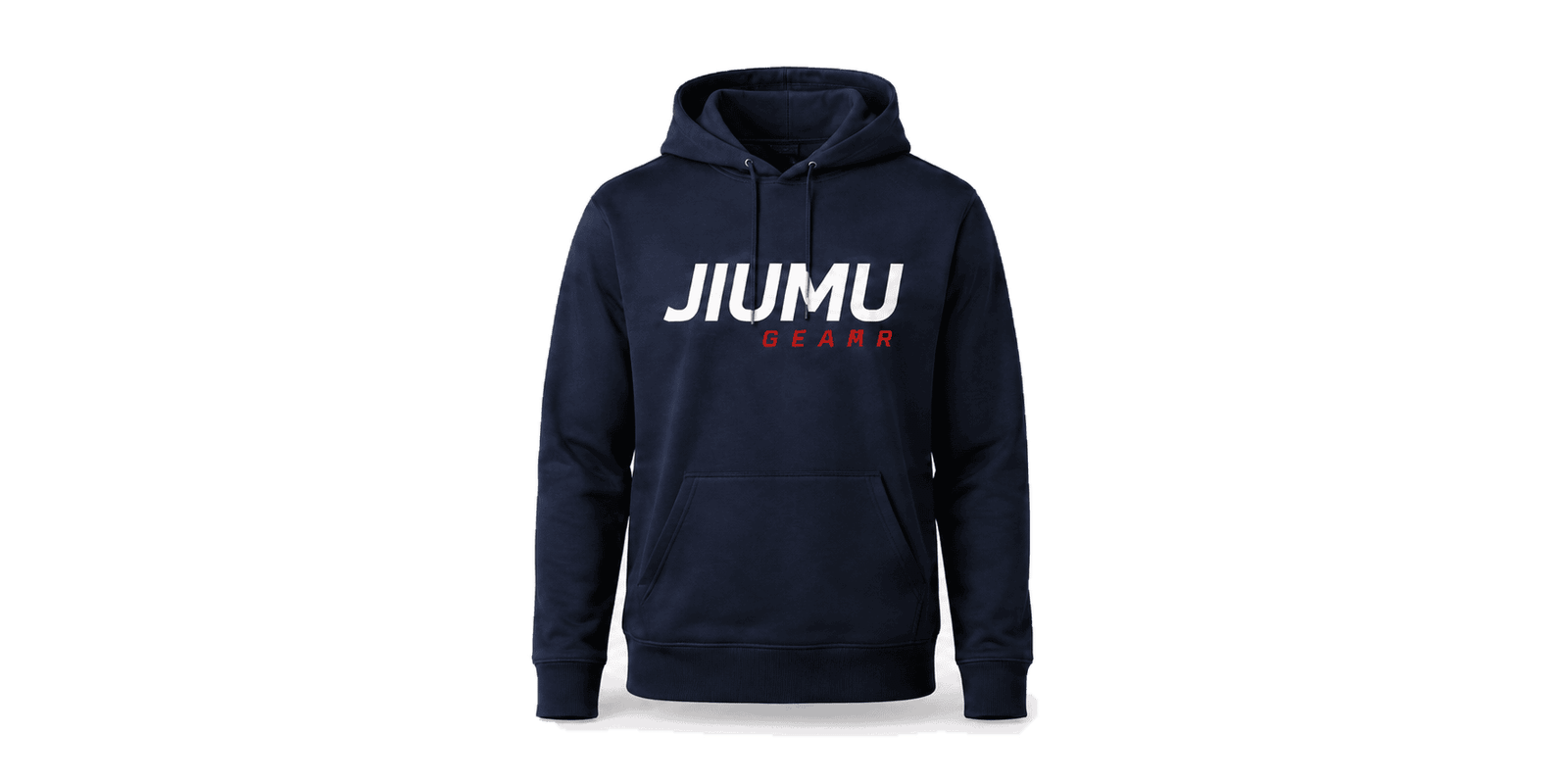 Custom navy pullover team hoodie with front logo, drawstring hood and kangaroo pocket for sports teams, schools and branded apparel programs.