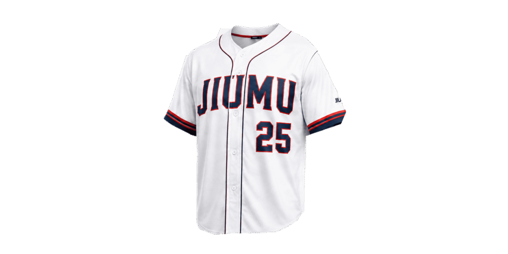 Custom white baseball jersey with button-up front, navy and red trim, team logo and player number, produced by a custom teamwear manufacturer in China.