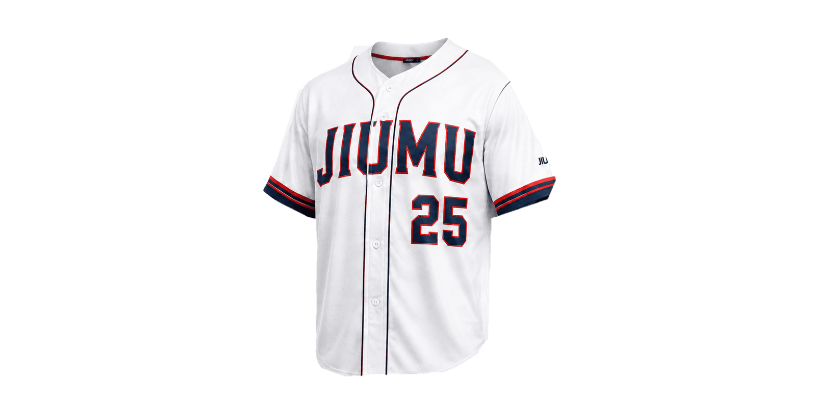 Custom white baseball jersey with button-up front, navy and red trim, team logo and player number, produced by a custom teamwear manufacturer in China.