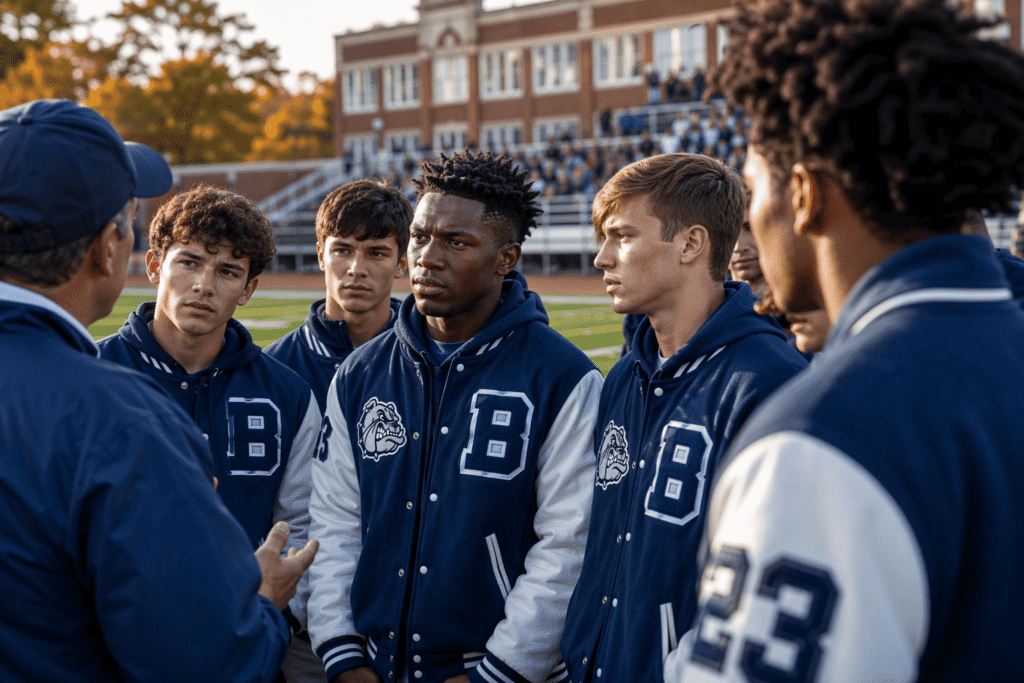 High school student-athletes in navy blue varsity team jackets with chenille letters and embroidered mascot patches on football field sideline — custom school team jackets for athletic departments and varsity programs