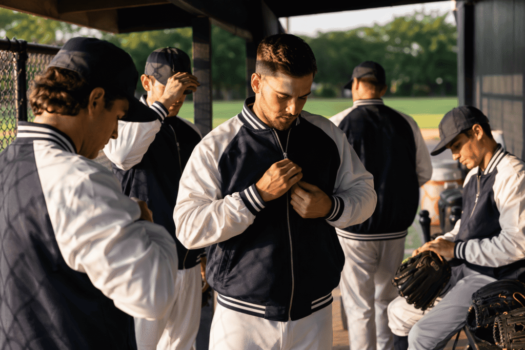 Baseball team wearing navy blue team jackets with white raglan sleeves in dugout before game, pre-game warmup scene — custom team jackets for baseball clubs and travel