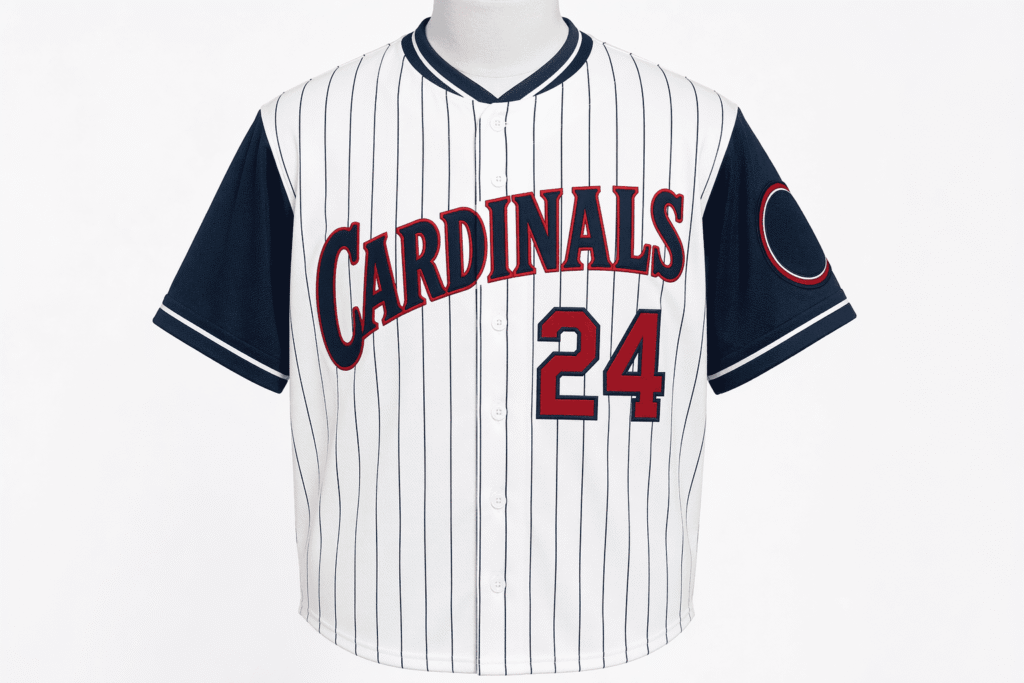 Classic button-up baseball jersey white with navy blue pinstripes and solid navy sleeves — custom full-button team uniform with player name and number for school baseball teams youth leagues and tournament play