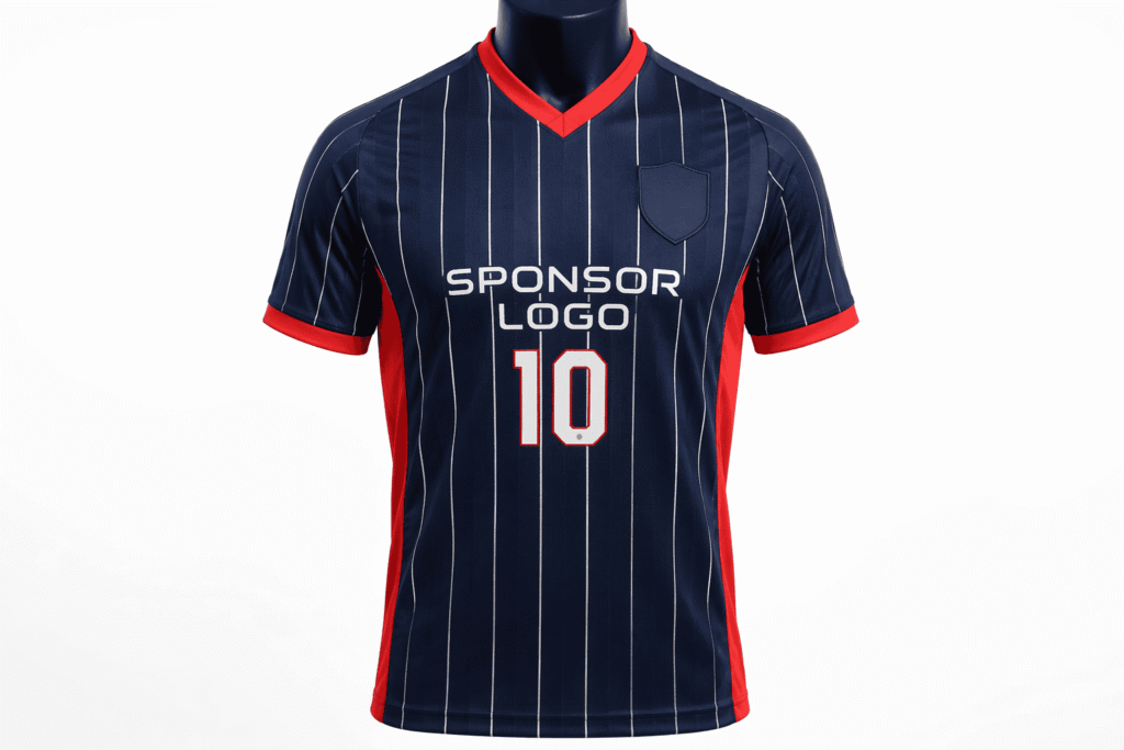 Classic club soccer jersey navy blue with white vertical pinstripes and red side panels — custom breathable v-neck team uniform for soccer clubs school teams and recreational leagues with sponsor logo placement