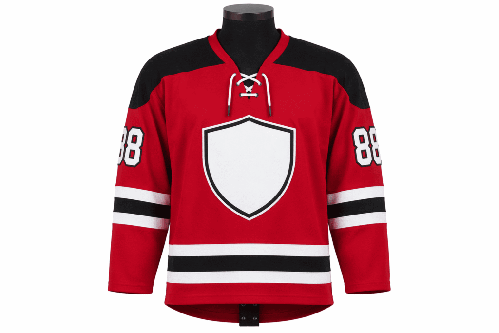 Classic ice hockey jersey deep red with black shoulder yoke and white triple-stripe sleeve bands — custom lace-up team uniform with tackle twill player name and numbers for hockey clubs school teams and recreational leagues