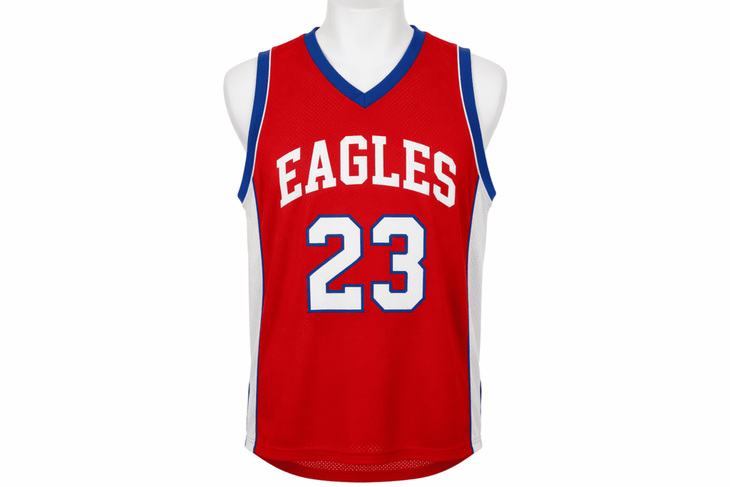 Classic sleeveless basketball jersey red with white and royal blue contrast panels — custom breathable polyester mesh team uniform for school teams AAU youth leagues and recreational basketball clubs