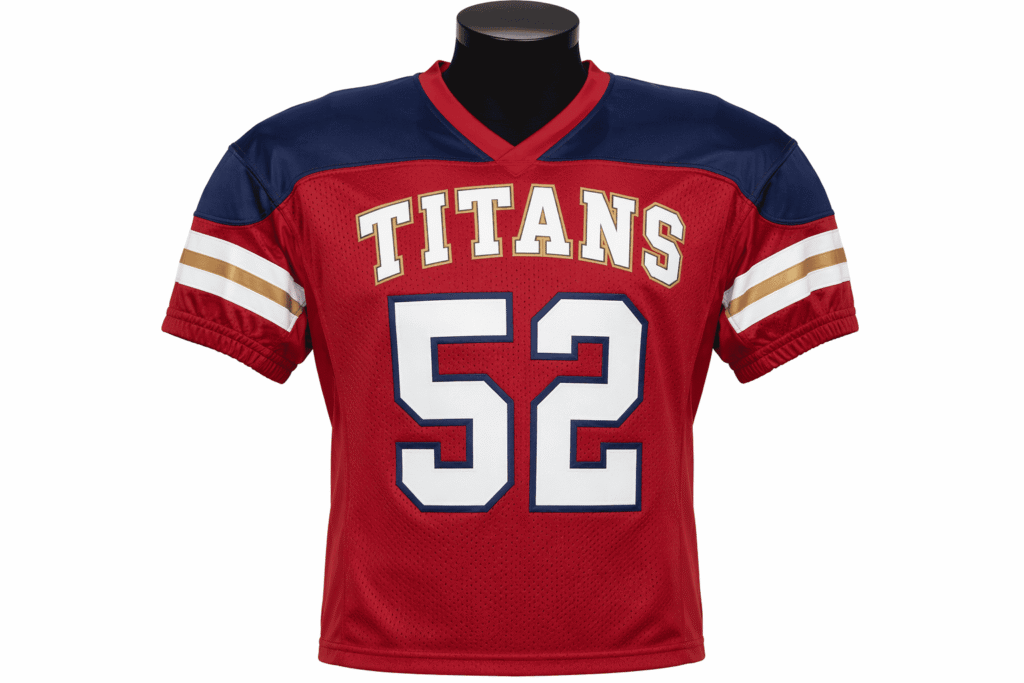Classic tackle football jersey crimson red with navy blue contrast shoulder yoke and white sleeve stripes — custom durable team uniform for high school football programs and adult recreational leagues