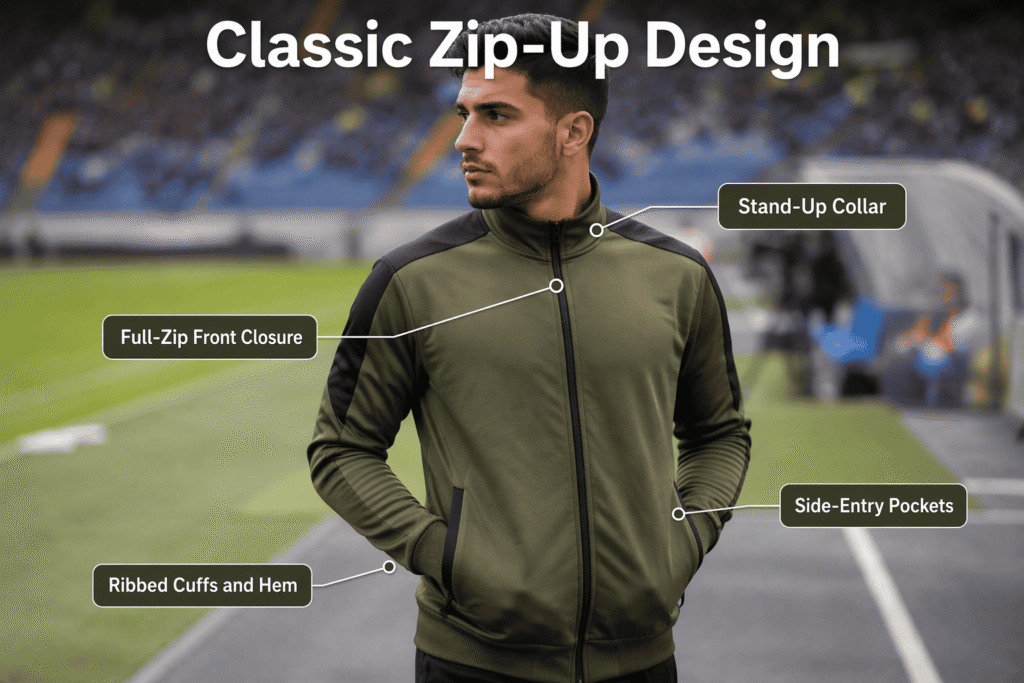 Olive green classic zip-up men's team jacket with full-zip front, ribbed cuffs and hem, side-entry pockets, and stand-up collar — custom team outerwear for sports clubs and corporate uniforms