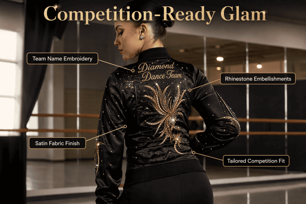Black satin dance team competition jacket with gold rhinestone embellishments and embroidered team name, tailored fit — custom stage-ready dance team outerwear for competition and performance groups