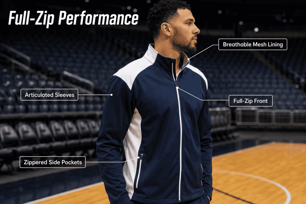 Full-zip athletic team jacket in navy and white color-block design featuring breathable mesh lining, articulated sleeves, and zippered side pockets — custom teamwear for basketball and indoor court sports