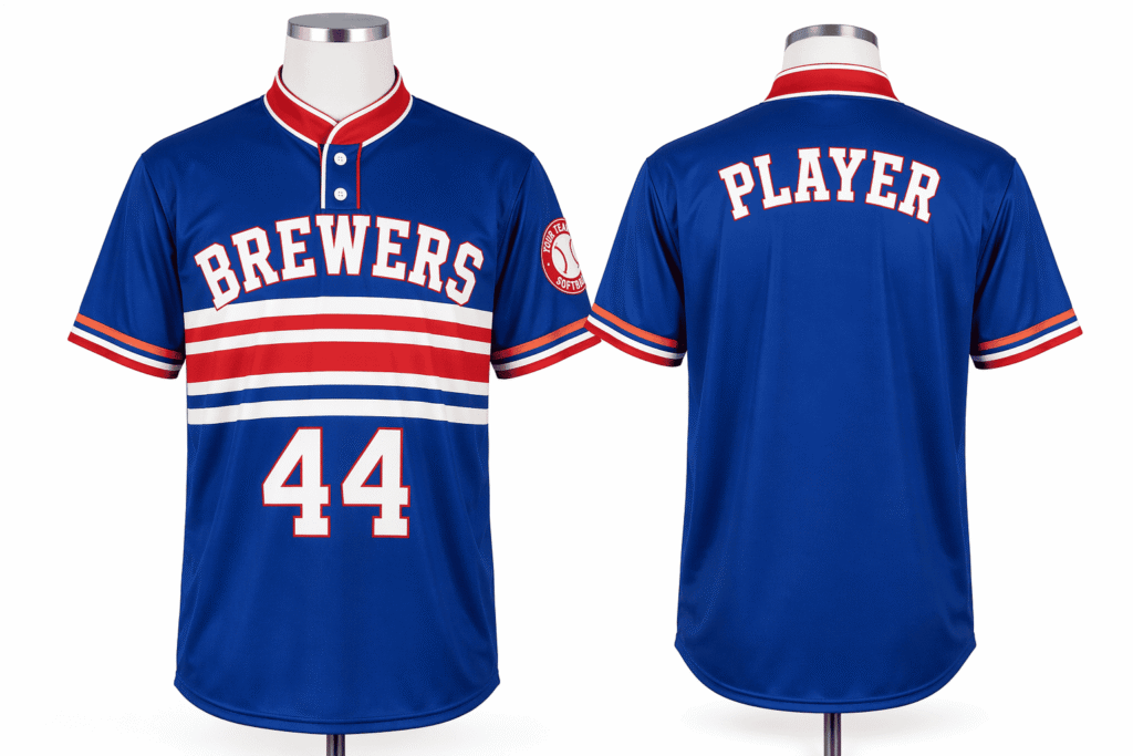 Slowpitch softball jersey royal blue with red and white chest stripe panel and half-button placket — custom relaxed-fit team uniform for adult slowpitch leagues company teams and weekend recreational tournaments