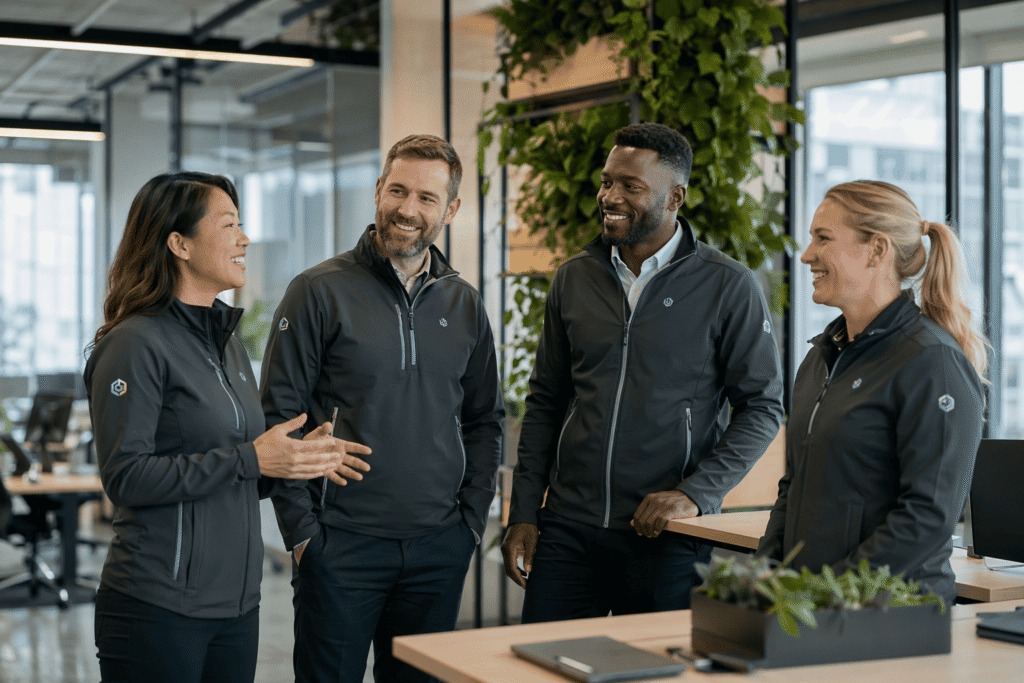 Corporate staff in charcoal gray team jackets with embroidered company branding in modern open-plan office — custom staff uniform jackets for corporate workplace and daily office wear