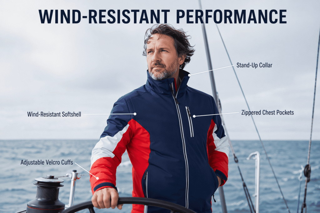 Navy blue wind-resistant sailing team jacket with red and white color-block panels, adjustable velcro cuffs, zippered chest pockets, and stand-up collar — custom technical softshell outerwear for yacht clubs and sailing competitions