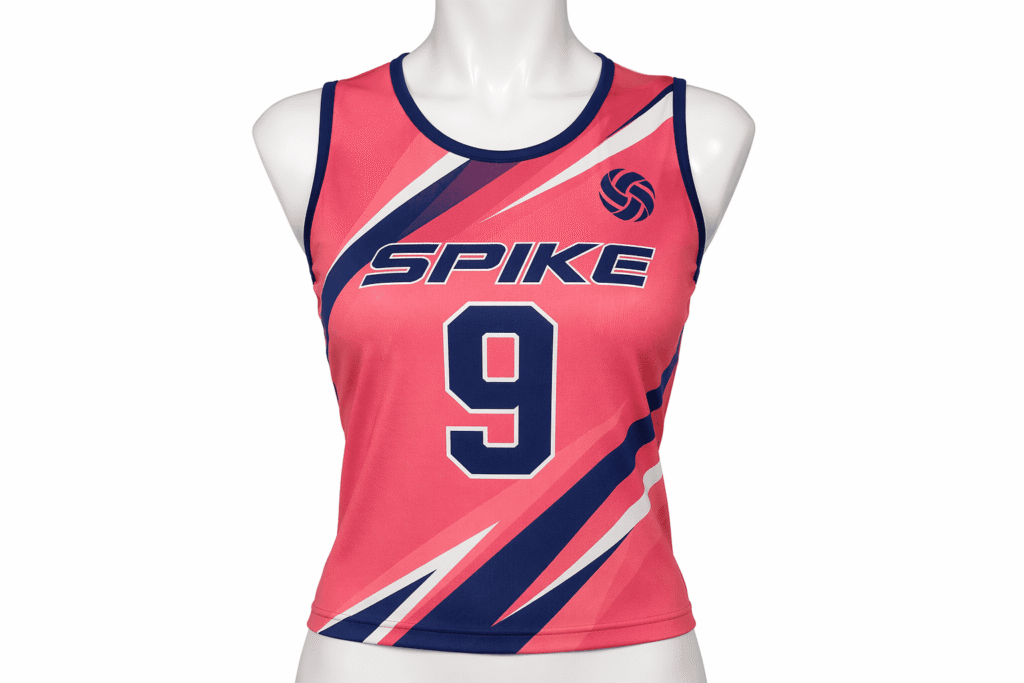 Women's volleyball jersey coral pink with navy blue diagonal geometric stripe pattern — custom lightweight four-way stretch sleeveless tank uniform for women's competitive volleyball teams and club tournaments