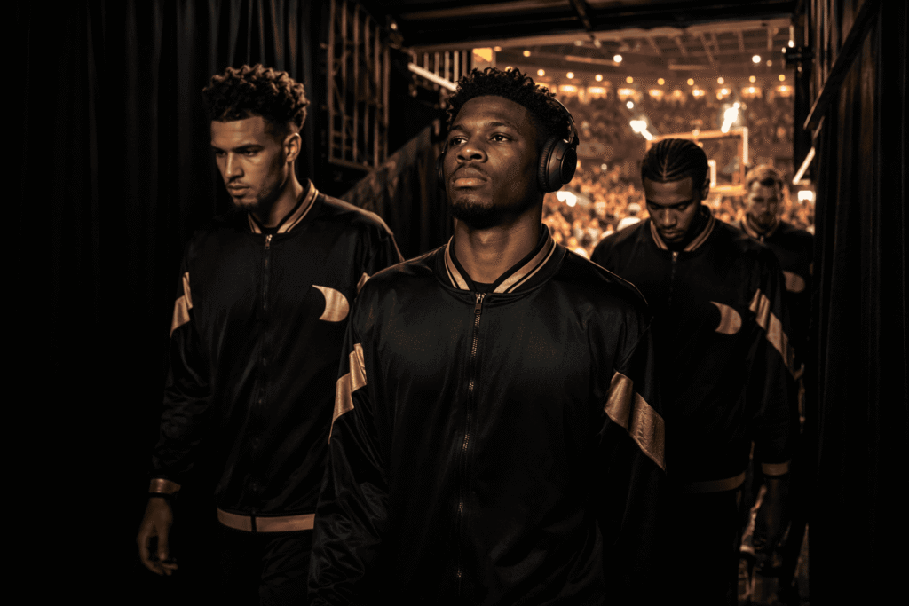 Basketball players in black team jackets with gold trim walking through arena tunnel toward court, cinematic pre-game entrance — custom team jackets for basketball travel and warmup