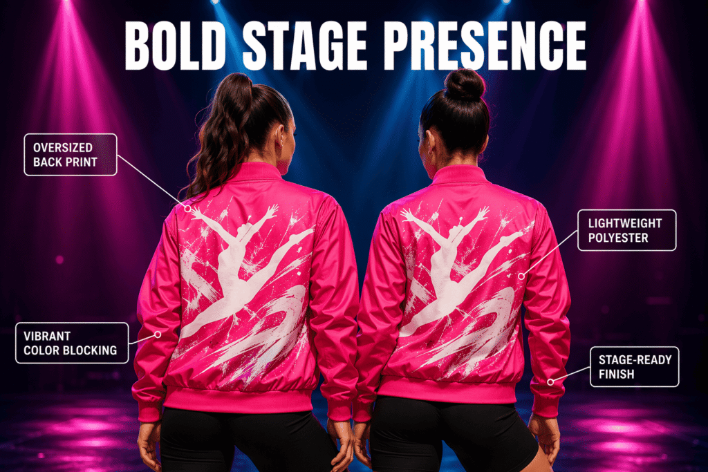 Hot pink dance team jacket with oversized bold back logo print, lightweight polyester fabric, and vibrant color blocking — custom stage-ready teamwear for dance schools and performance groups
