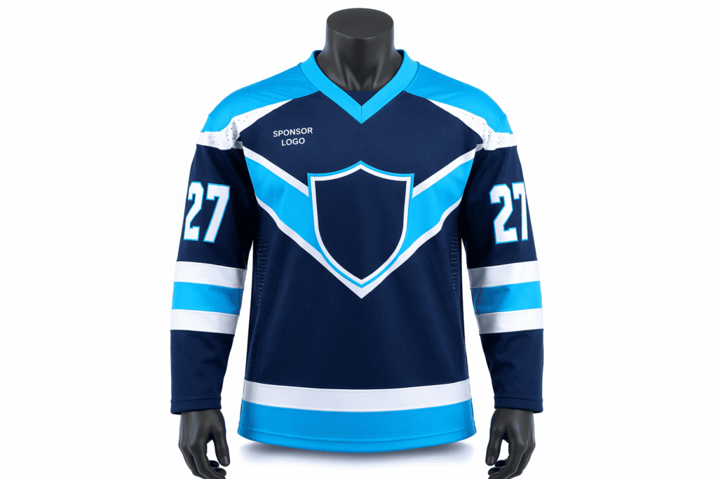 Modern club hockey jersey navy blue with electric cyan chevron panels and diamond jacquard texture — custom lightweight moisture-wicking team uniform with sponsor placement for competitive hockey clubs and school programs