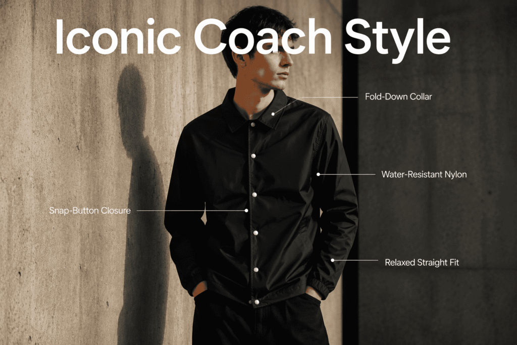 Black coach-style men's team jacket with snap-button front closure, water-resistant nylon fabric, fold-down collar, and relaxed straight fit — custom branded team outerwear for corporate events and branded apparel collections