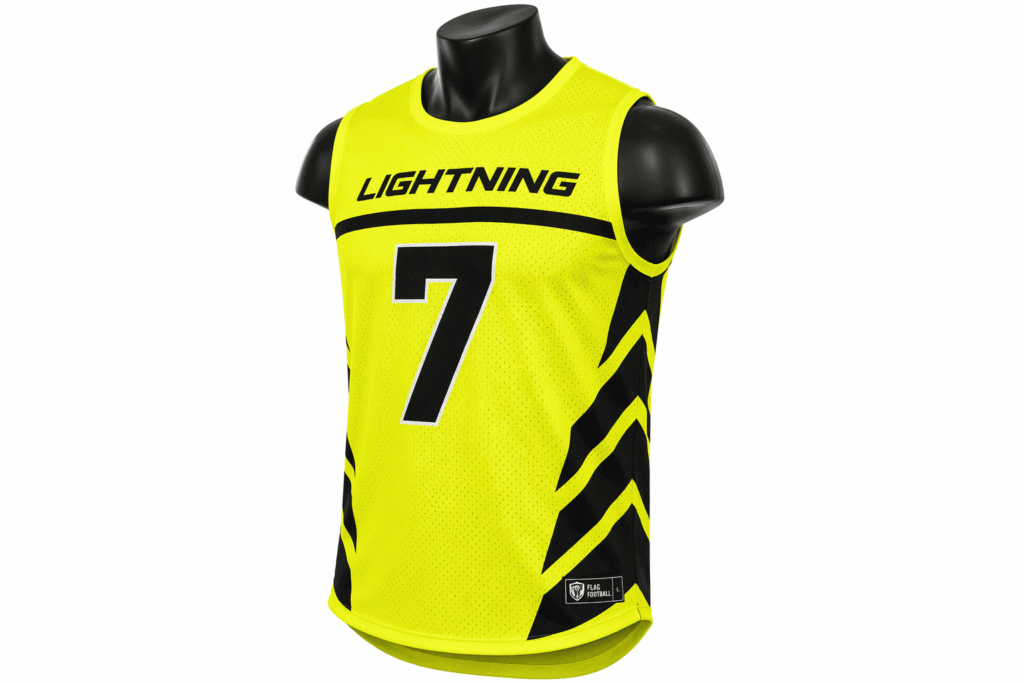 Flag football jersey electric neon yellow sleeveless with black geometric chevron panels — custom lightweight breathable team uniform for 5v5 flag football teams adult recreational leagues and tournament play
