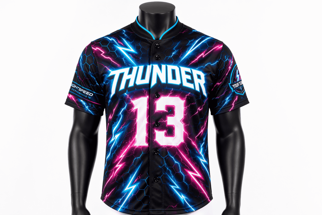 Full sublimation baseball jersey black with electric cyan and neon magenta lightning bolt all-over print — custom sublimated team uniform with modern fitted cut for travel teams tournaments and fan merchandise
