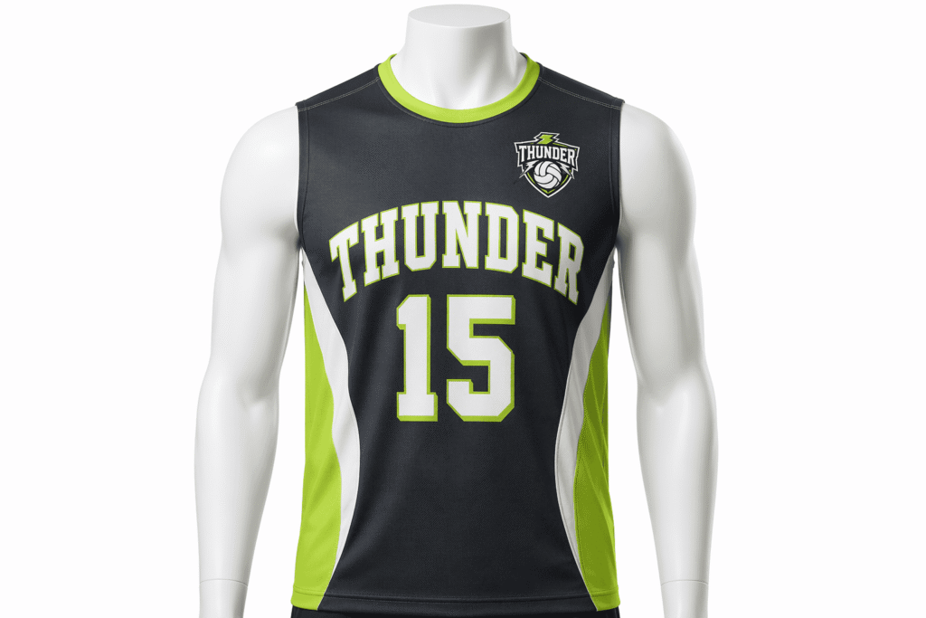 Men's volleyball jersey charcoal grey with lime green color-block side panels — custom lightweight breathable pique mesh sleeveless uniform for men's volleyball clubs and competitive tournament teams