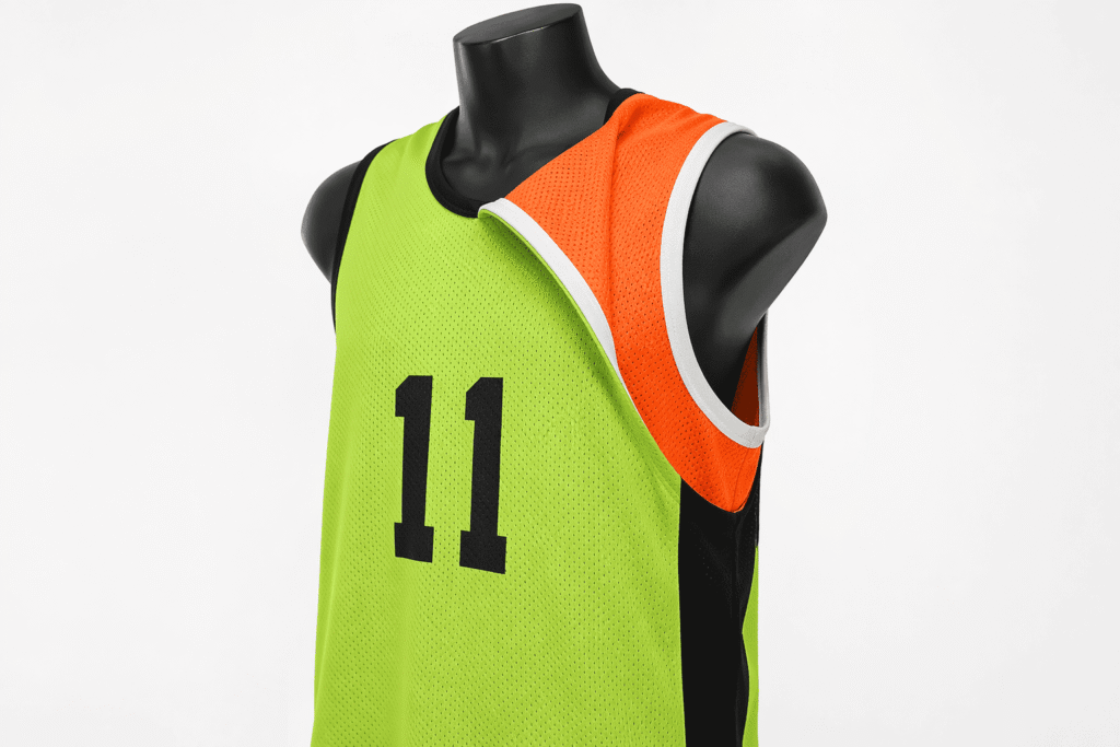 Reversible basketball jersey neon lime green to orange two-sided mesh design — custom double-sided team pinnie jersey for AAU tournaments youth leagues and practice scrimmage sessions
