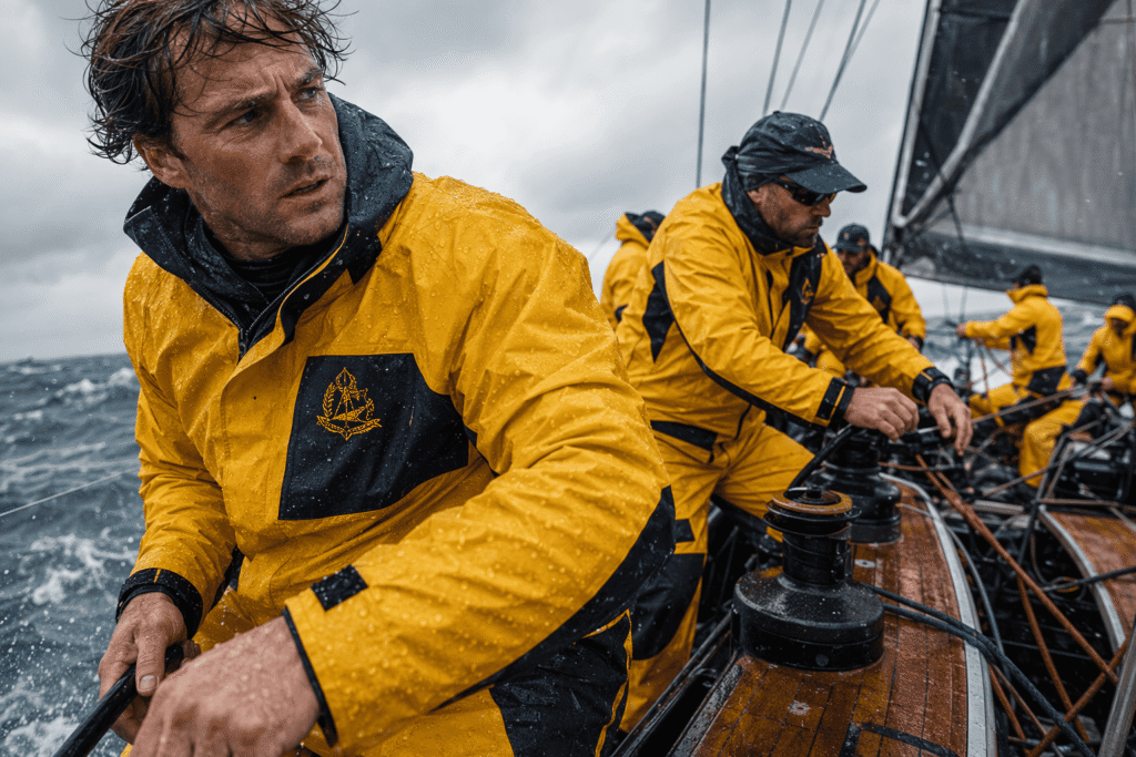 Sailing team in bright yellow water-repellent jackets with embroidered branding racing on yacht deck in rough sea conditions — custom offshore racing jackets for sailing competition teams