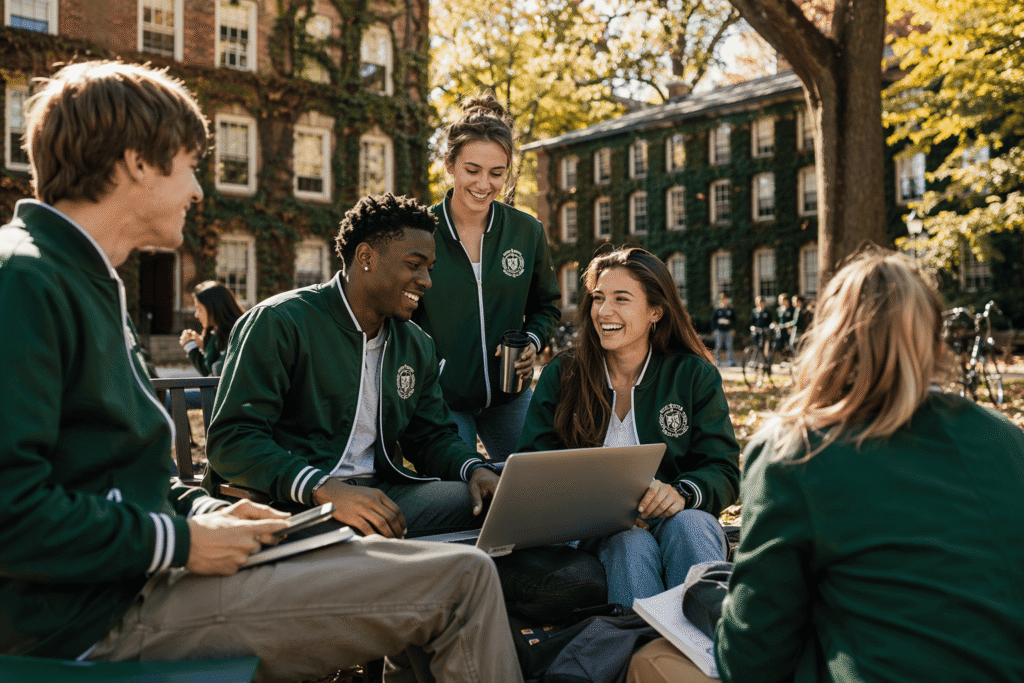 University student club members in forest green team jackets with embroidered club crest and personalized names on historic campus quad in autumn — custom club jackets for student organizations and campus life