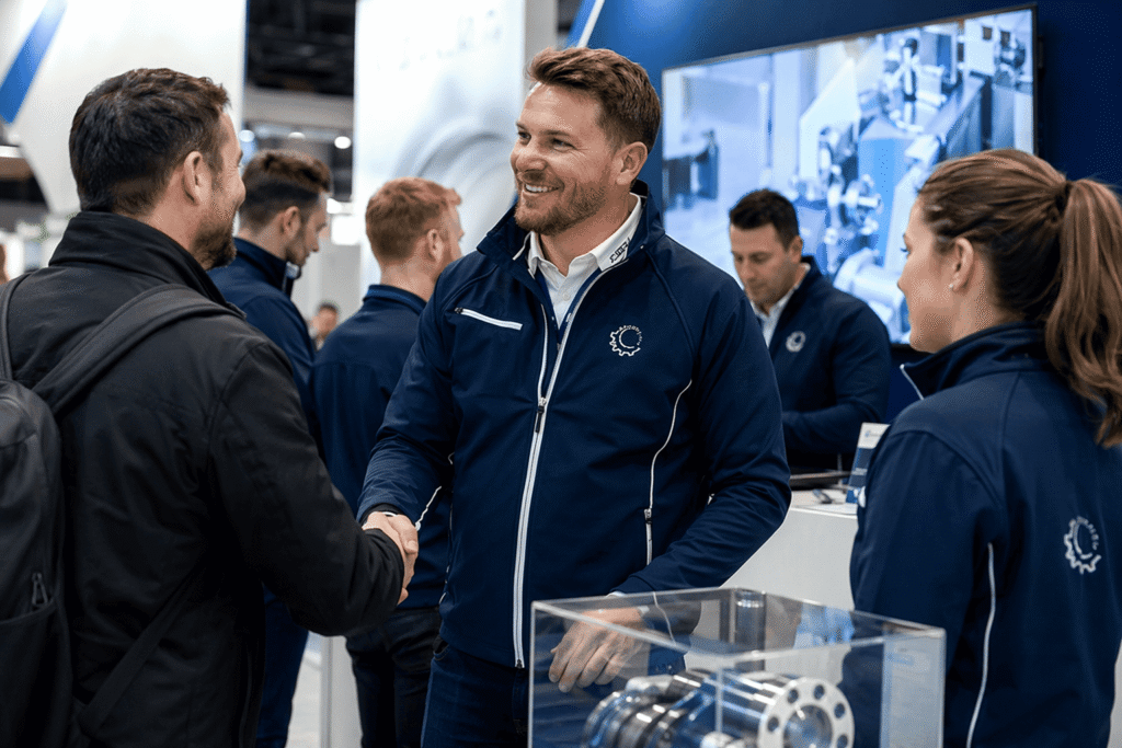 Corporate team in navy blue softshell jackets with embroidered company logo engaging visitors at trade show exhibition booth — custom branded jackets for trade shows and business events