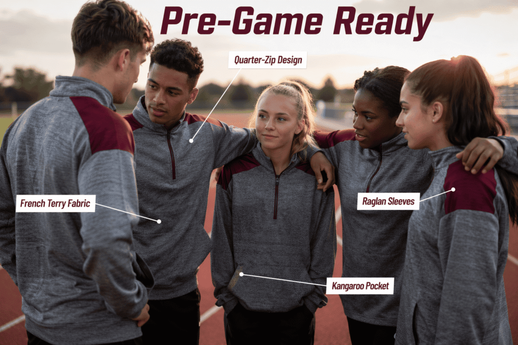 Quarter-zip warm-up team jacket in heather gray with crimson accents, French terry fabric, raglan sleeves, and kangaroo pocket — custom pre-game teamwear for soccer and running clubs