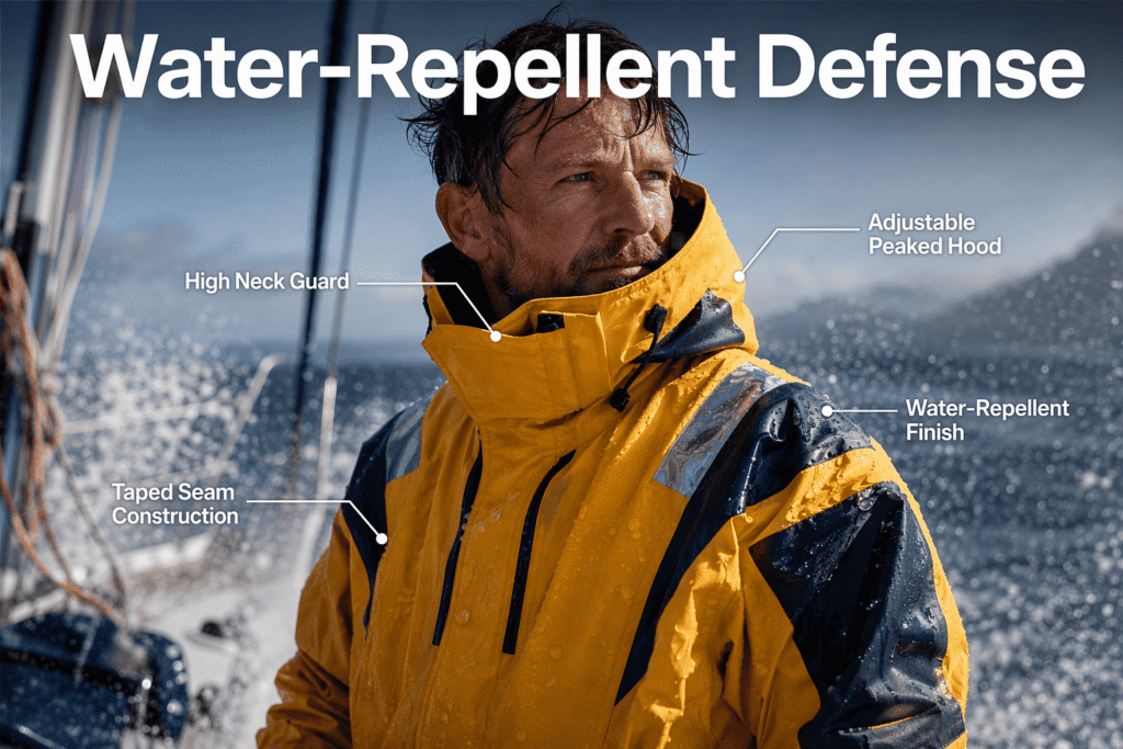Bright yellow water-repellent sailing team jacket with navy contrast panels, taped seam construction, adjustable peaked hood, and high neck guard — custom waterproof team outerwear for offshore sailing and water sports groups