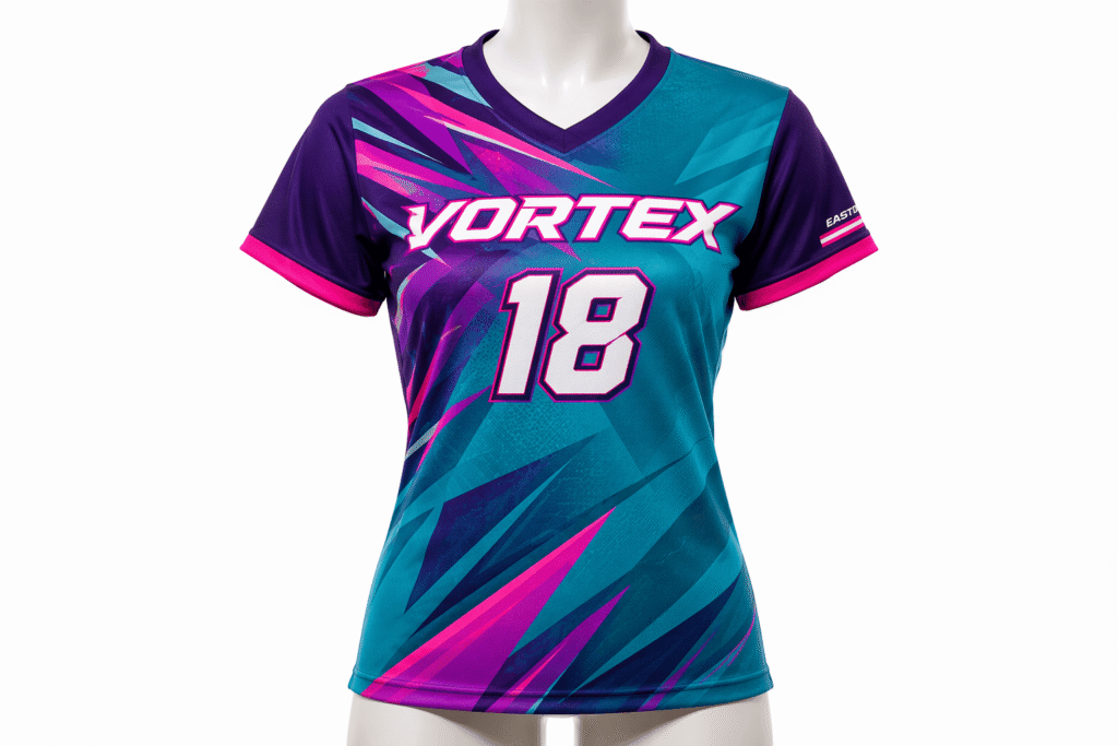 Women's fastpitch softball jersey teal with purple and hot pink geometric gradient pattern — custom tapered athletic-fit sublimated team uniform for women's competitive fastpitch teams and tournament squads