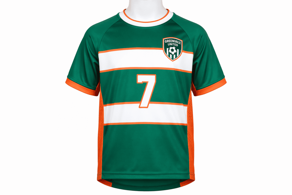 Youth soccer jersey emerald green with white and orange horizontal hoop stripes — custom lightweight moisture-wicking team kit for youth soccer academies clubs and junior school teams with breathable mesh panels