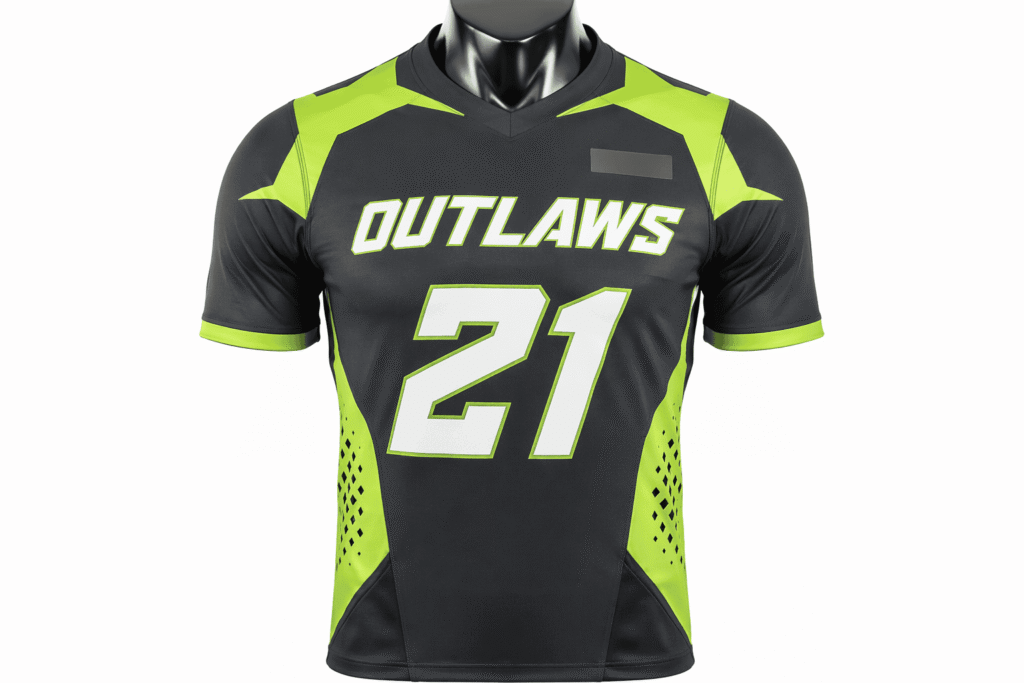 7v7 performance football jersey charcoal grey with lime green angular geometric shoulder panels and sponsor placement — custom moisture-wicking four-way stretch team uniform for 7 on 7 tournament teams and competitive leagues