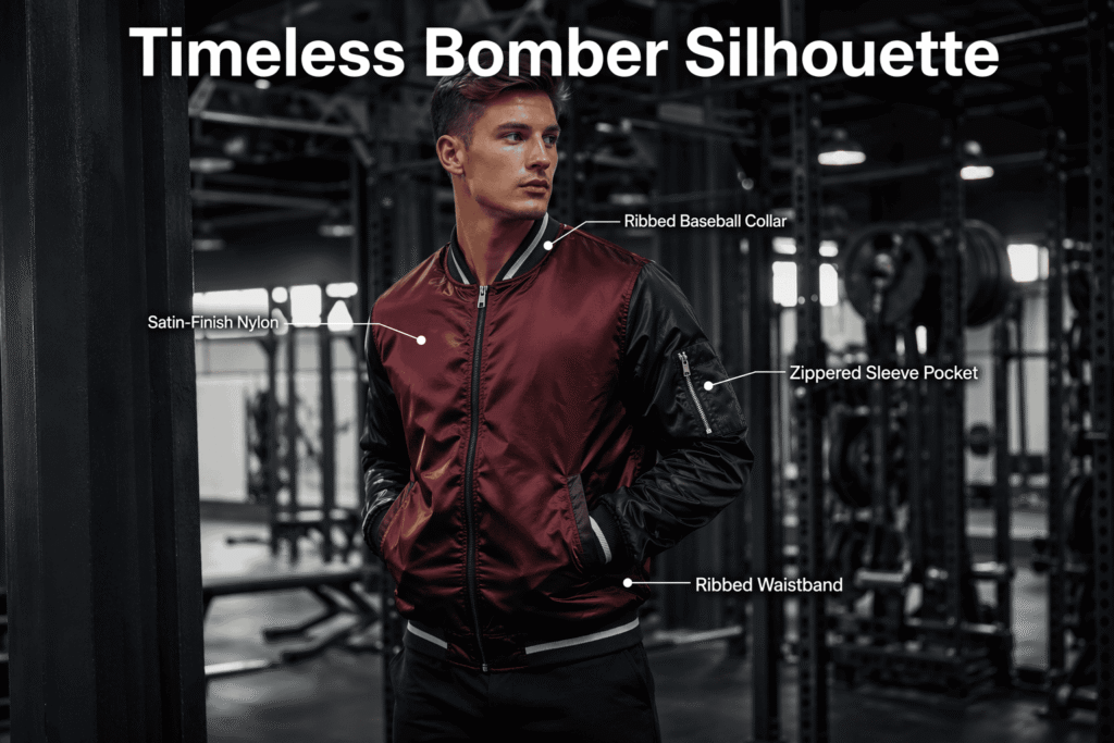 Burgundy bomber-style men's team jacket with navy contrast sleeves, satin-finish nylon, ribbed baseball collar, and zippered sleeve pocket — custom bomber team outerwear for sports clubs and branded collections