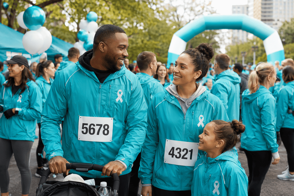 Charity run participants in bright teal windbreaker jackets with embroidered charity logo and ribbon emblem at community walk starting line — custom event jackets for charity fundraisers and community events