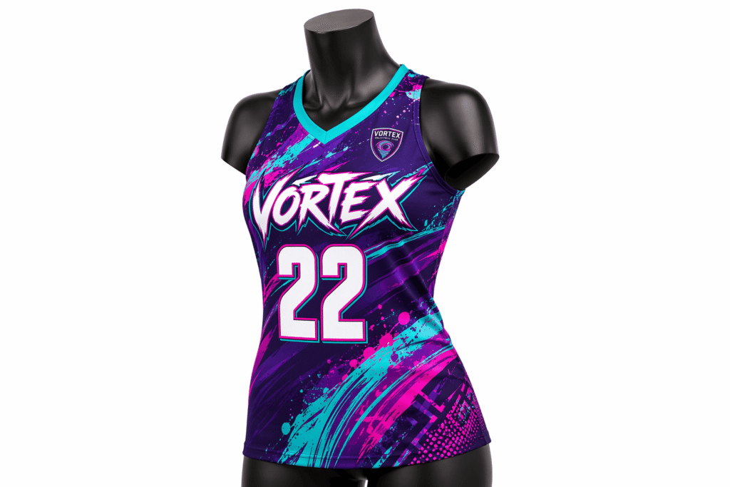 Club volleyball jersey purple with teal and hot pink paint-splash sublimated all-over print — custom lightweight racerback tank uniform with four-way stretch for competitive volleyball club teams and tournament play