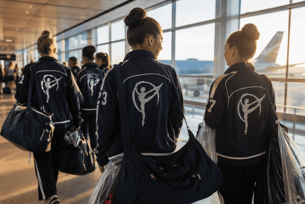 Dance team in navy blue jackets with metallic sleeve numbers and bold back logos walking through airport terminal with gear bags — custom dance team jackets for travel uniforms and team identity on the road