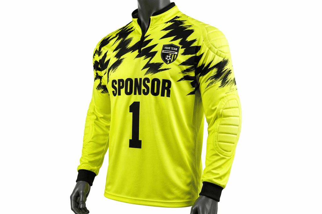 Goalkeeper soccer jersey neon yellow with black zigzag disruptive camo pattern and padded elbow panels — custom long sleeve protective goalkeeper kit with quarter-zip collar for clubs academies and tournament teams