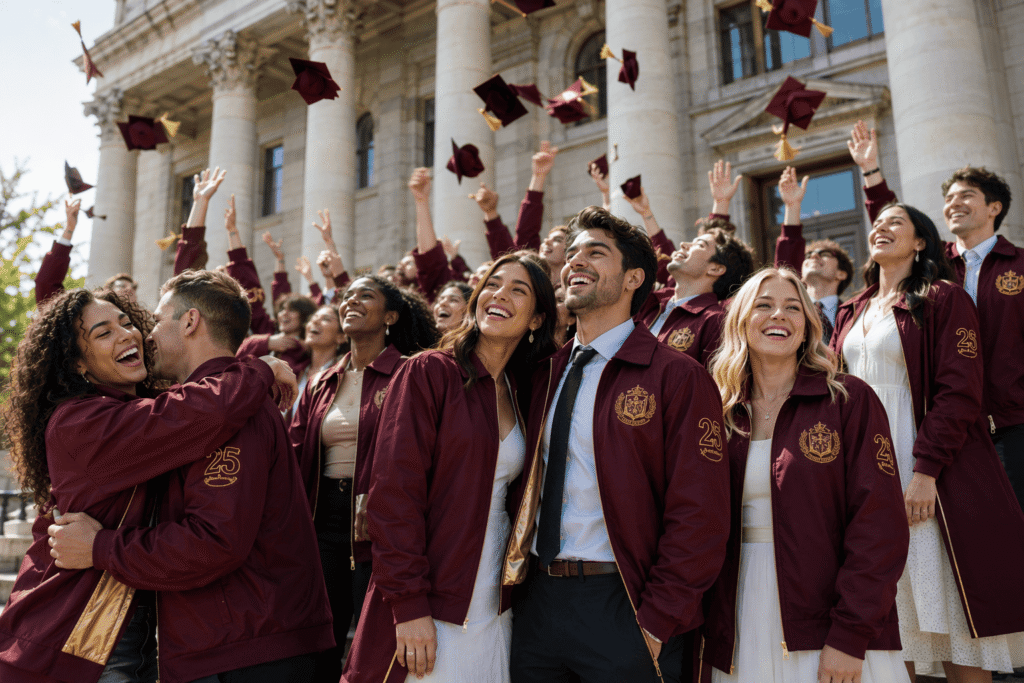University graduates in burgundy team jackets with embroidered crest and graduation year celebrating on neoclassical building steps throwing caps — custom graduation team jackets for commencement and school pride events