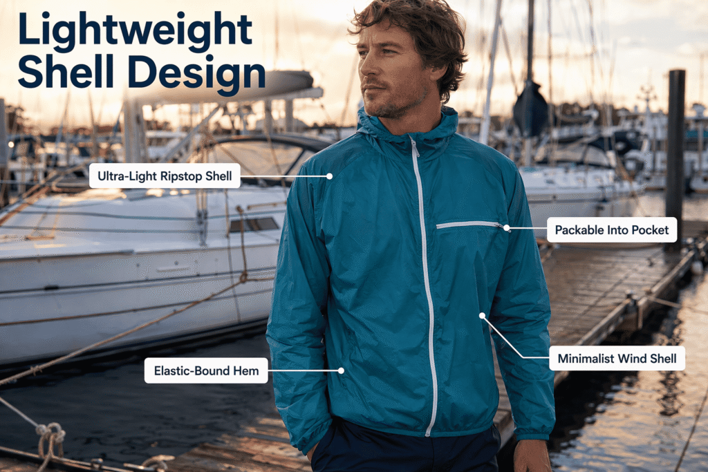 Ocean teal lightweight packable sailing shell jacket with ultra-light ripstop fabric, elastic-bound hem, and packable chest pocket design — custom minimalist wind shell for marina staff and summer sailing regattas