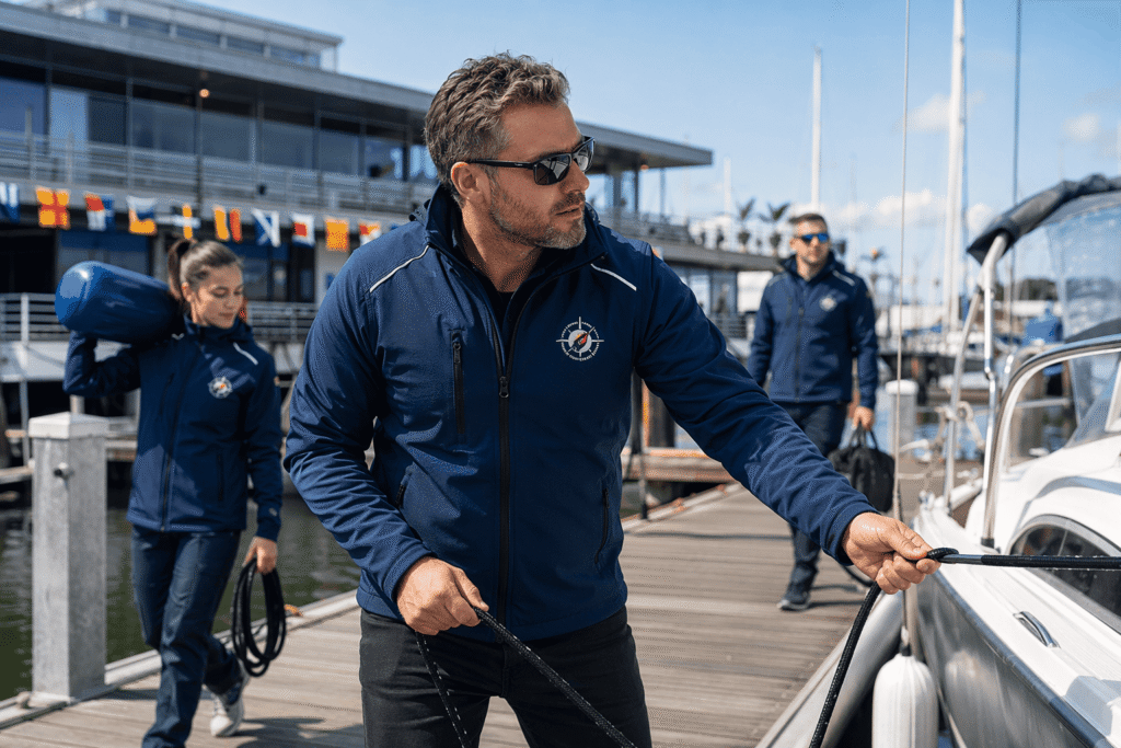 Marina staff in navy blue wind-resistant team jackets with embroidered marina logo and reflective trim working on floating docks — custom staff uniforms for marina operations and waterfront services
